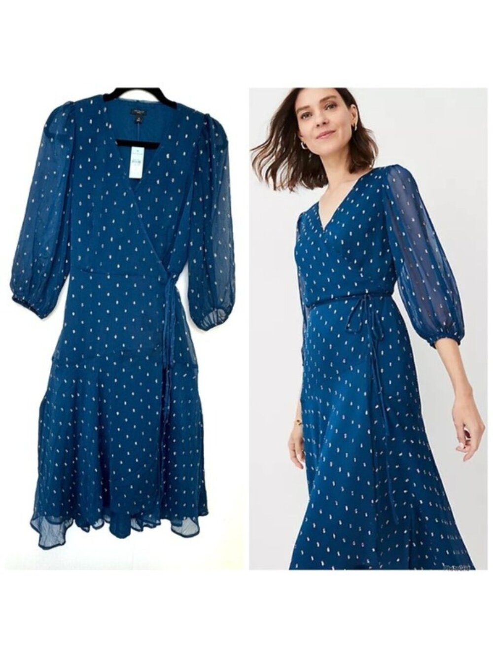 Ann Taylor Teal Shimmer Clip Wrap Dress Midi V Neck 4 Petite